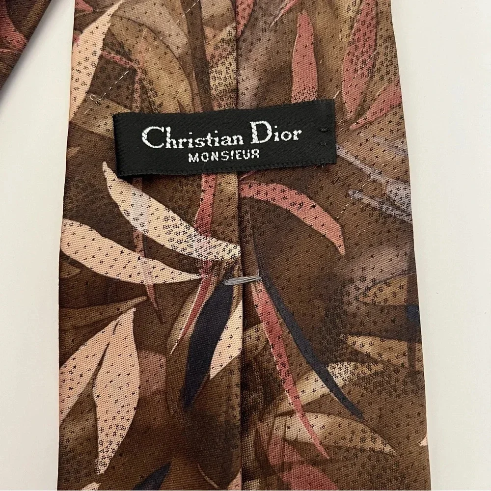 Christian Dior Monsieur Brown Abstract Leaf Nature Print Office Necktie Mens Tie